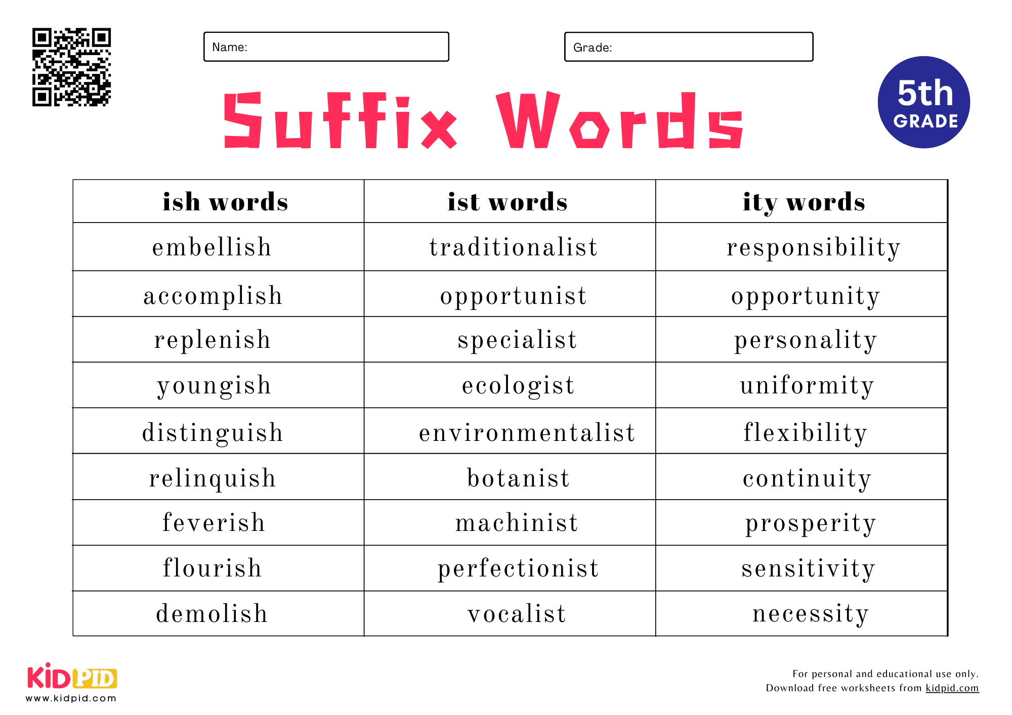 Suffix Words Spelling List Worksheet For Grade 5 Kidpid