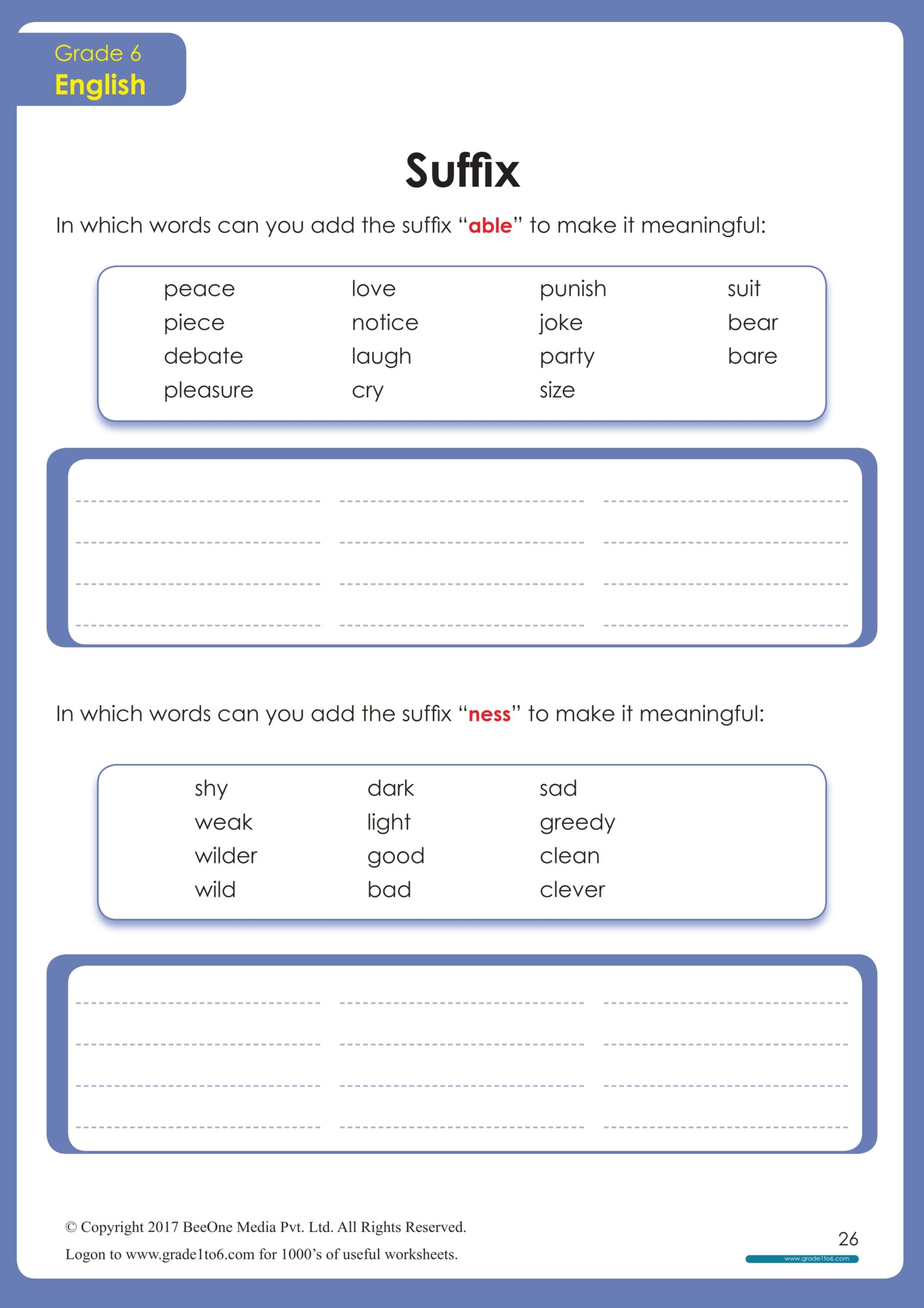 Suffixes able ness Worksheet For Grade 6 Grade1to6