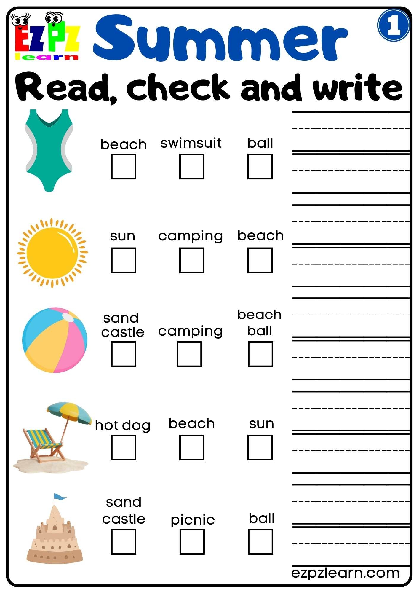 Summer Read Check And Write Activity For Kids Set 1 Ezpzlearn
