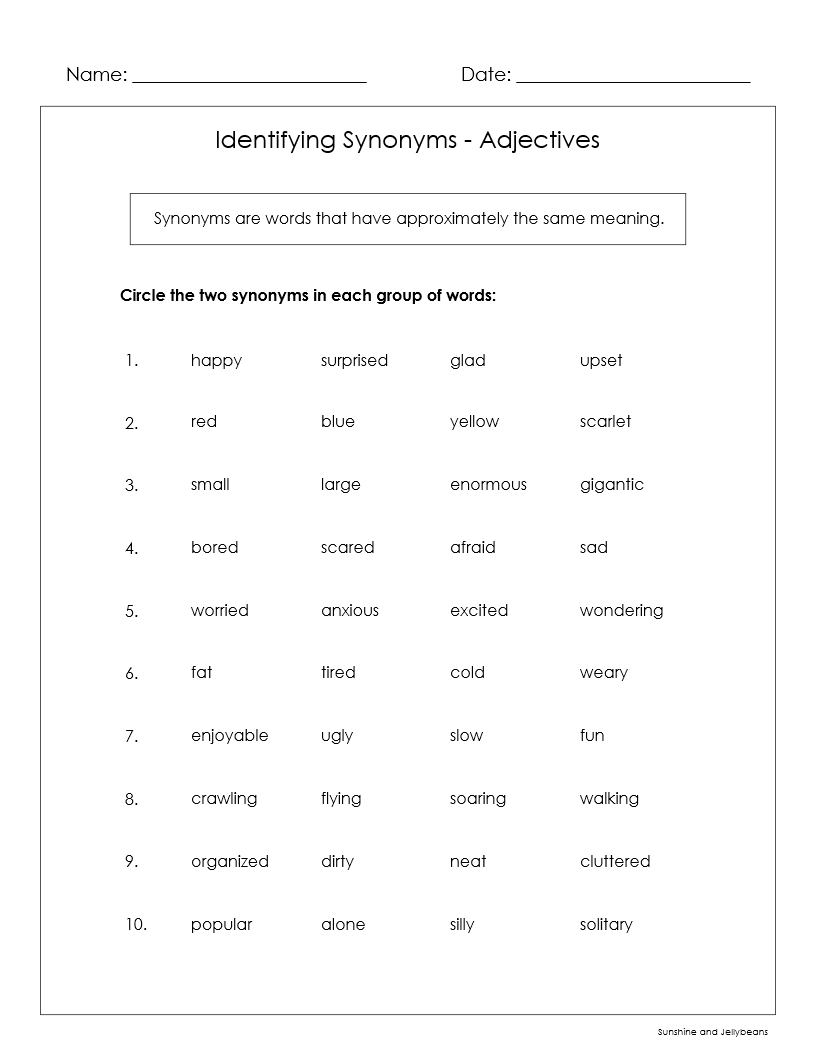 Synonyms Adjectives Verbs Nouns Adverbs 9 Worksheets Grades 4 5 Made By Teachers