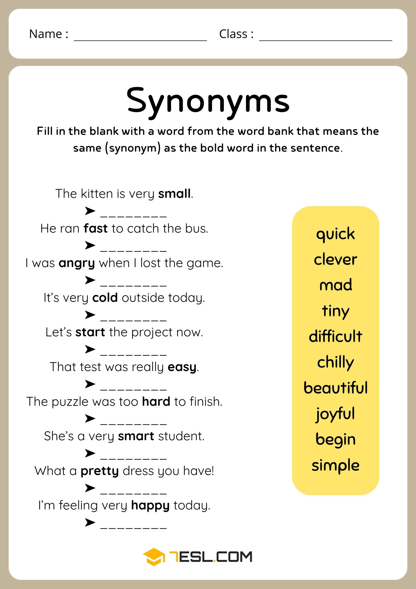 Synonyms Worksheets For Better English Skills 7ESL
