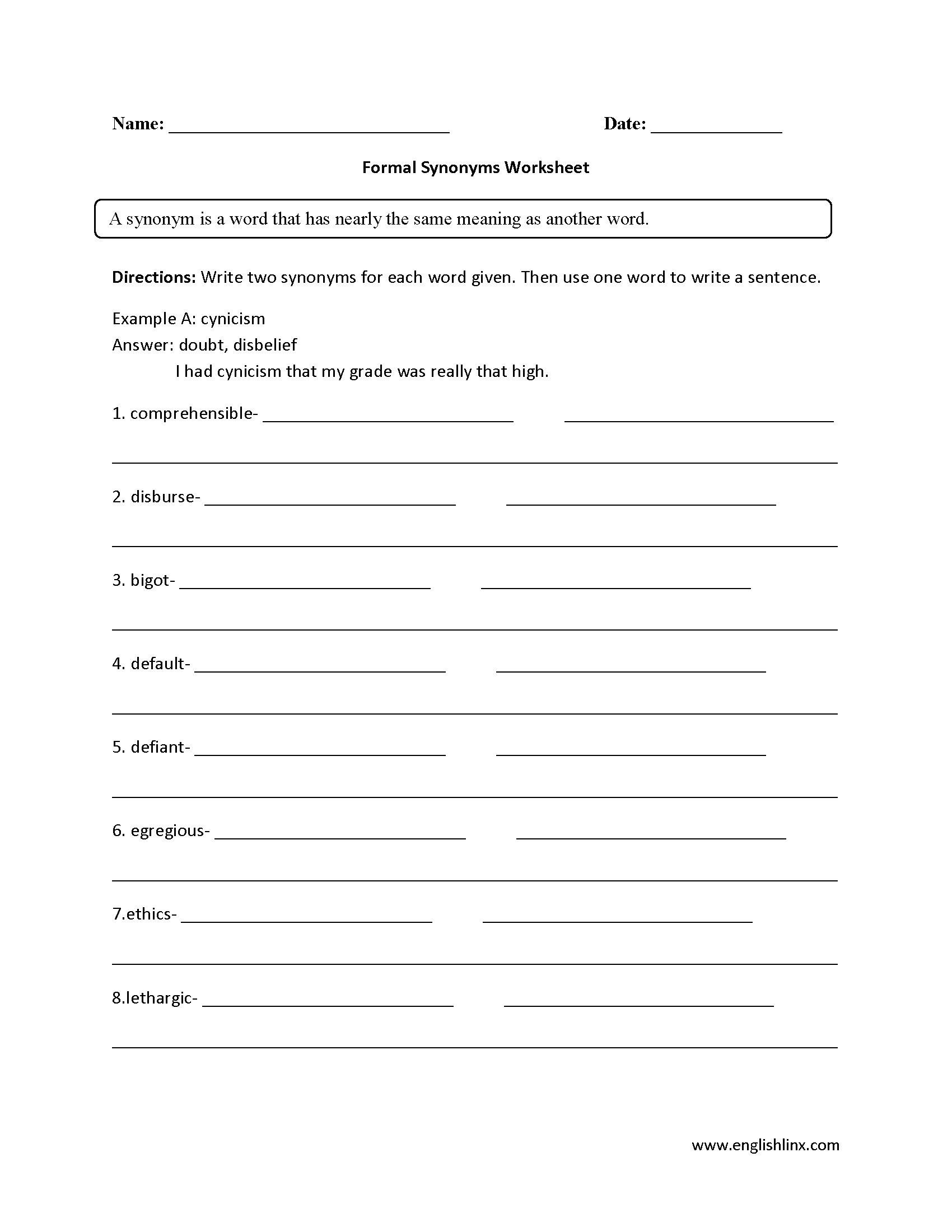 Synonyms Worksheets Formal Synonyms Worksheets