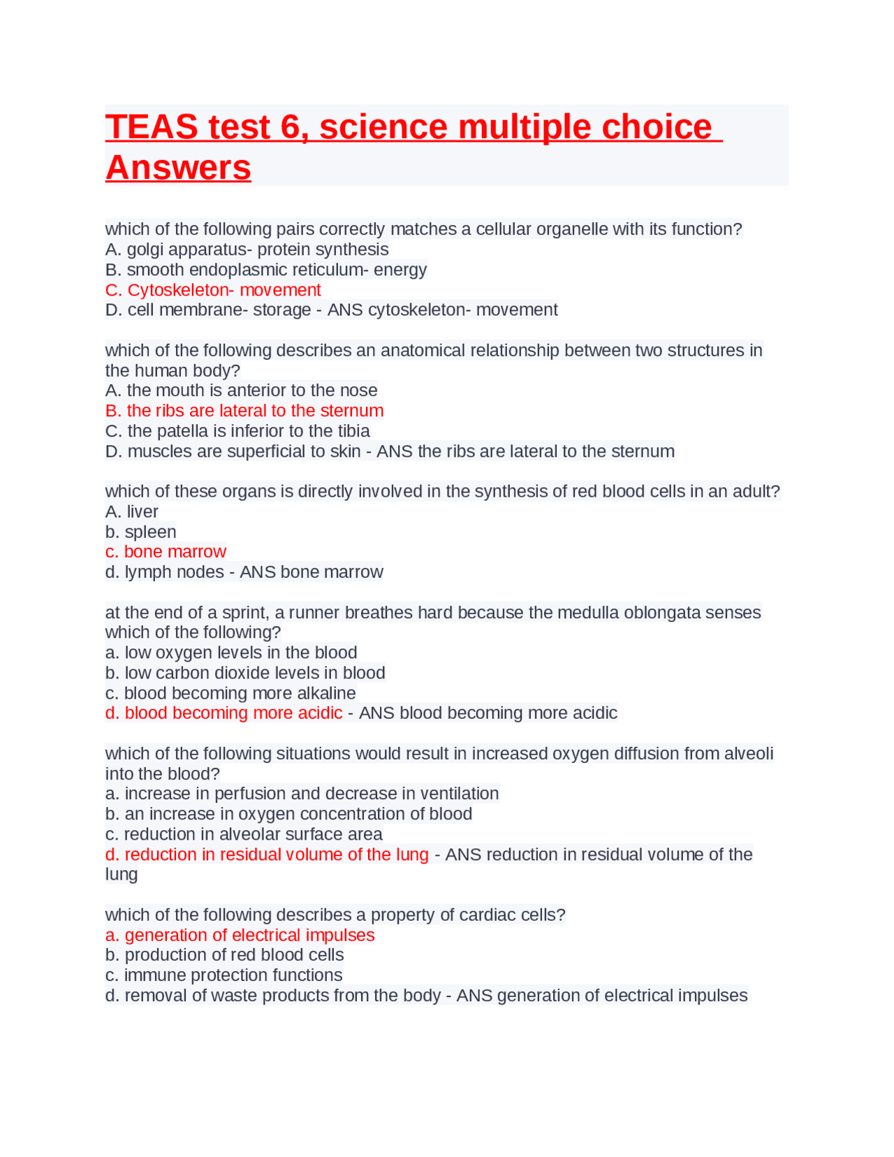 TEAS Test 6 Science Multiple Choice Answers Exams Nursing Docsity