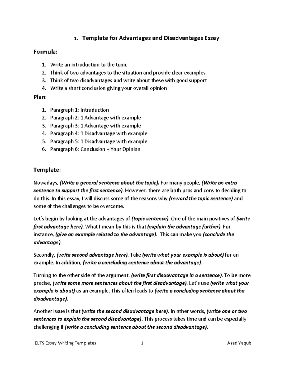 Templates For All Ielts Essays Types 1 Template For Advantages 