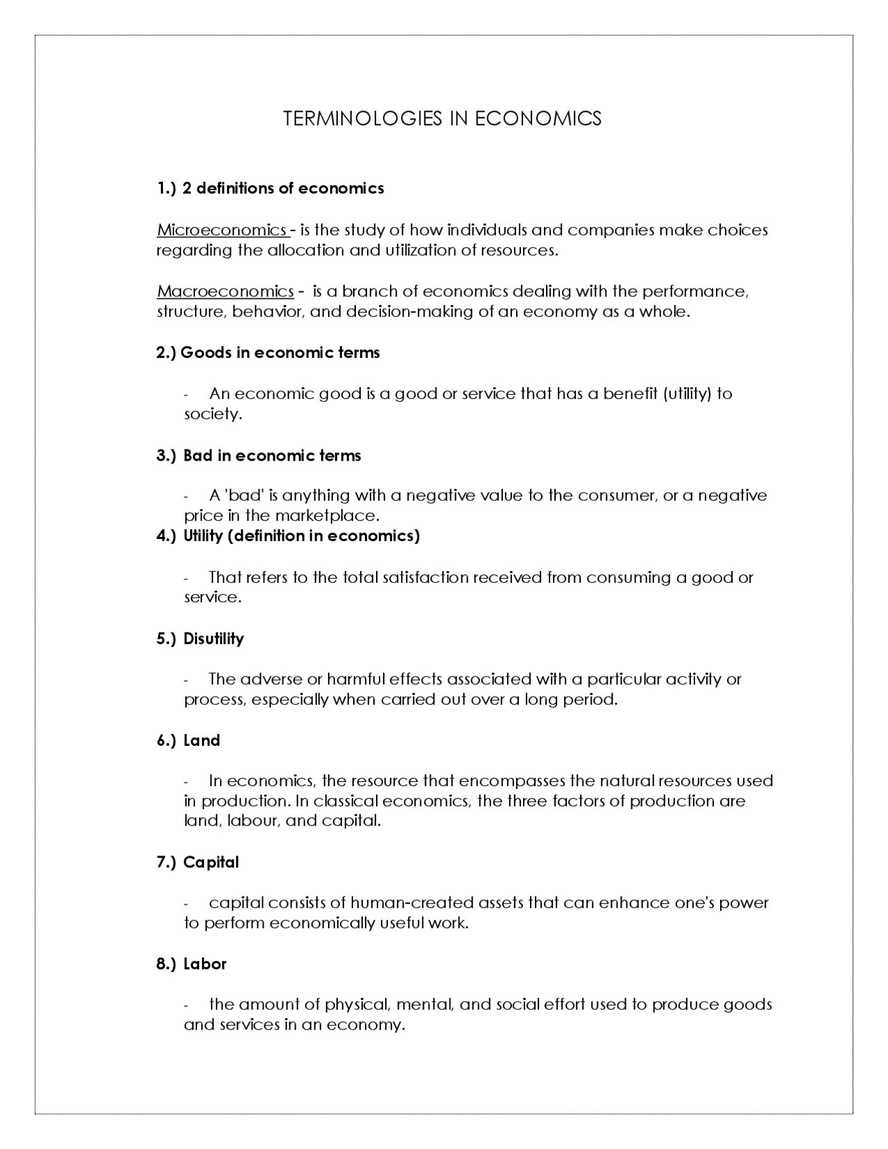 TERMINOLOGIES IN ECONOMICS Cheat Sheet Economics Docsity