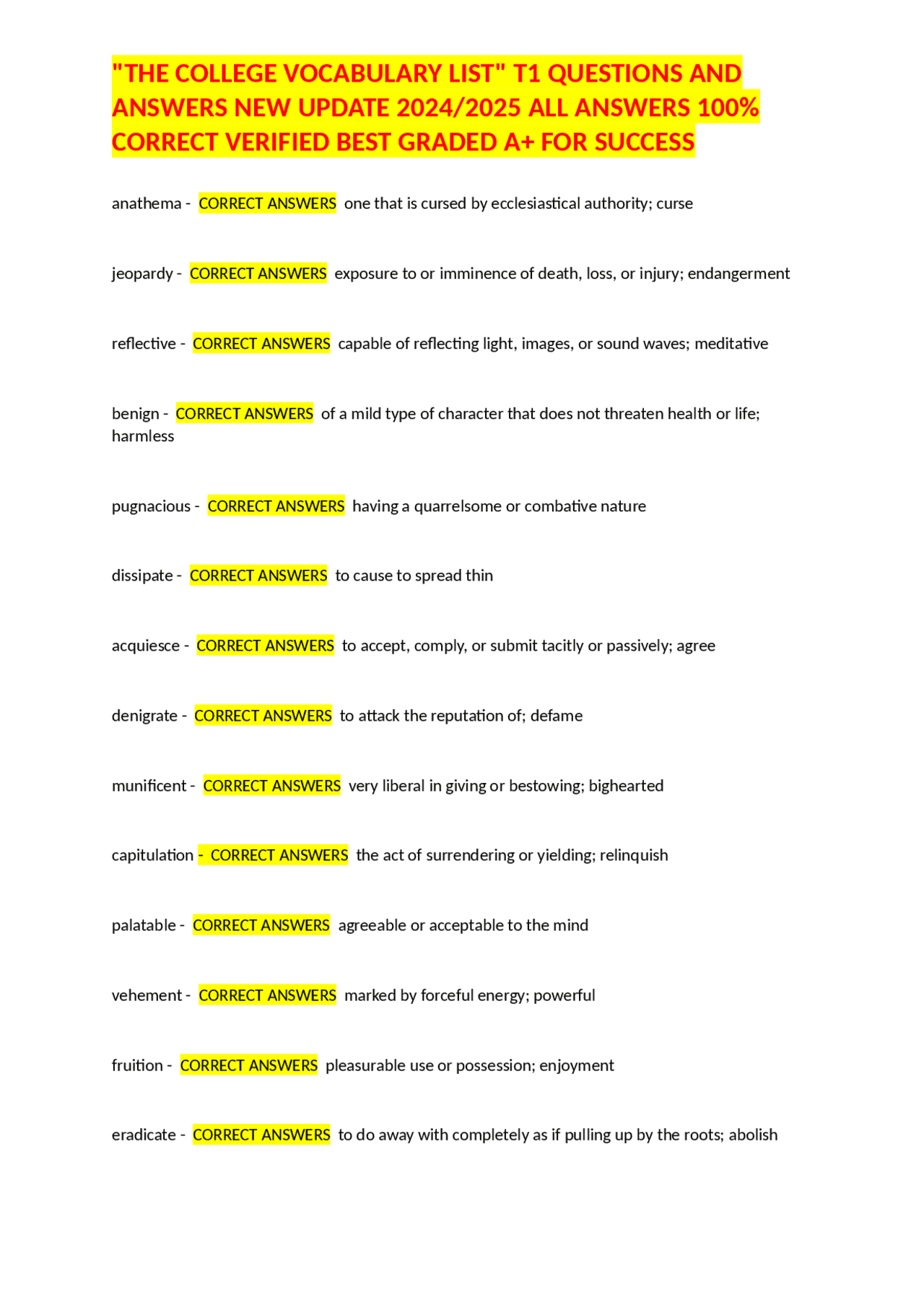 The College Vocabulary List T1 Questions And Answers Exams 