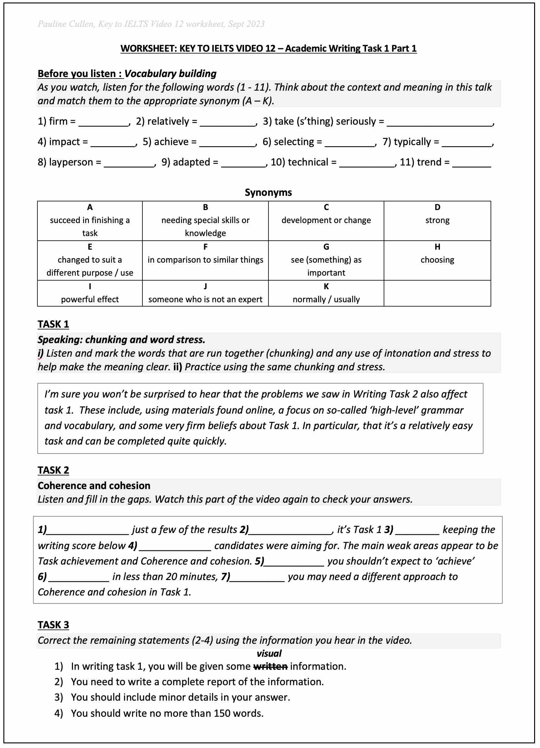The Key To IELTS Academic Writing Task 1 Part 1 Video Worksheet Cullen Education Key To IELTS