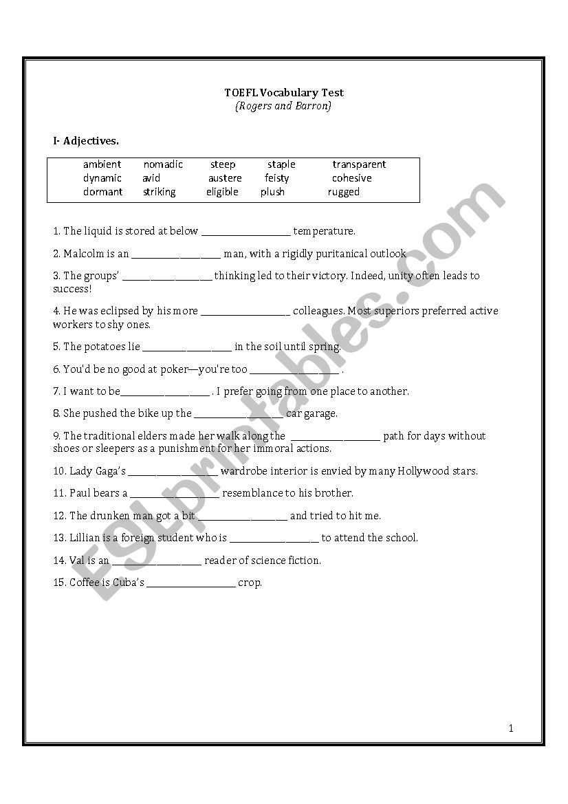 TOEFL Vocabulary Test Random Words From Rogers And Barrons ESL Worksheet By Danna danna90