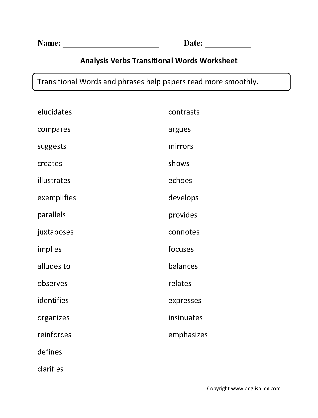 Transitional Words Worksheets Analysis Verbs Transitional Words 