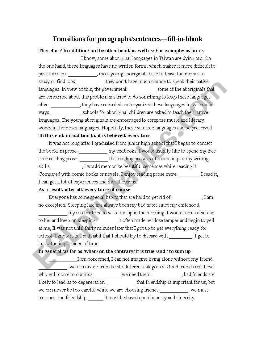 Transitions For Paragraphs sentences fill in blank ESL Worksheet By Hsiutien