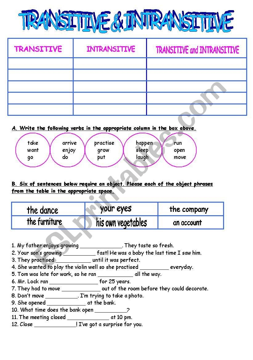 transitive and intransitive verbs live worksheets