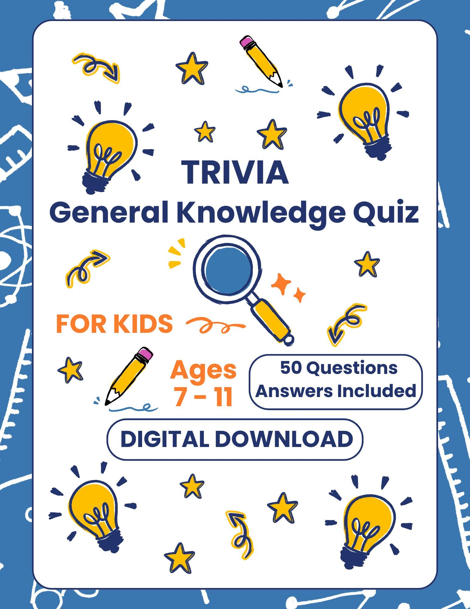 Trivia General Knowledge Quiz For Kids Ages 7 11 50 Fun And Educational Questions Trivia Games Printable Games Activities For Kids Etsy