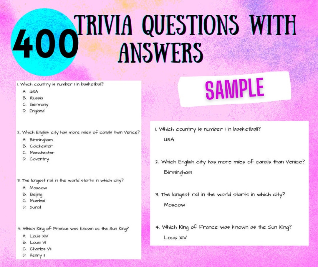 Trivia Questions 400 Quiz Questions With Answers Book Fun Memory Challenging Games Book Printable Trivia Quiz Worksheets Multiple Choice Etsy