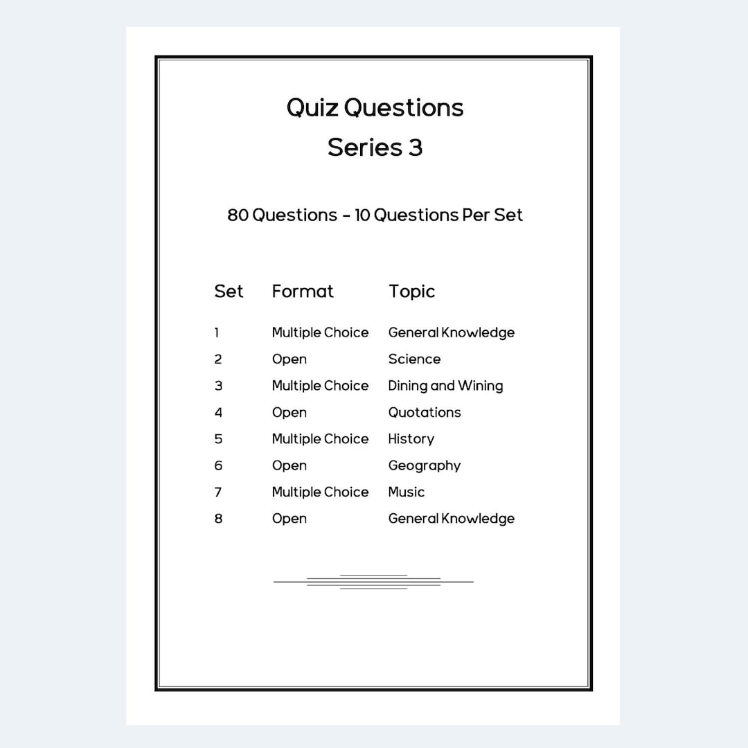 Trivia Quiz Questions 80 Formatted Questions 40 Open And 40 Multiple Choice 10 P p With Answer Booklet Digital Download Series 3 Etsy