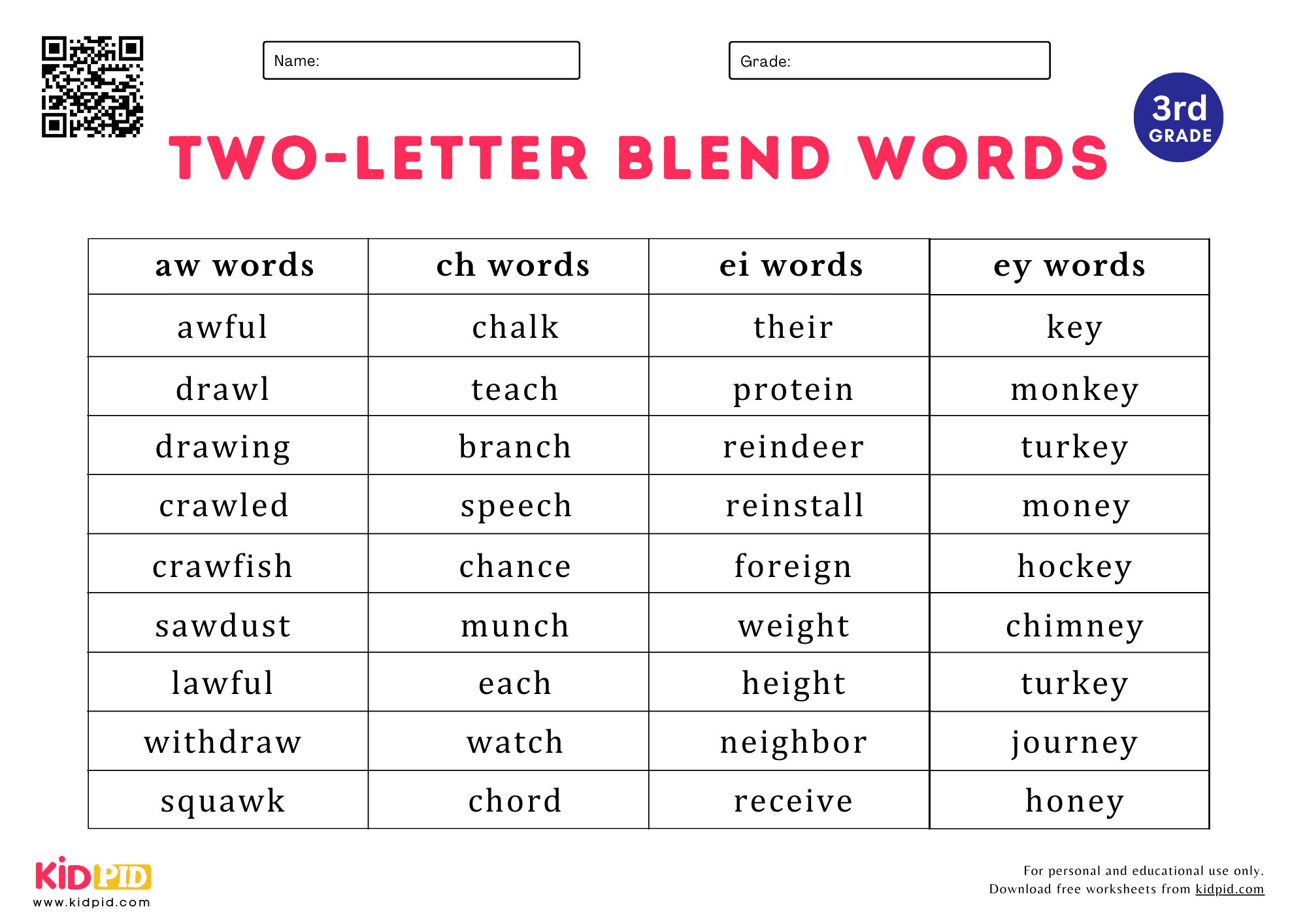 printable 3rd grade spelling sheets