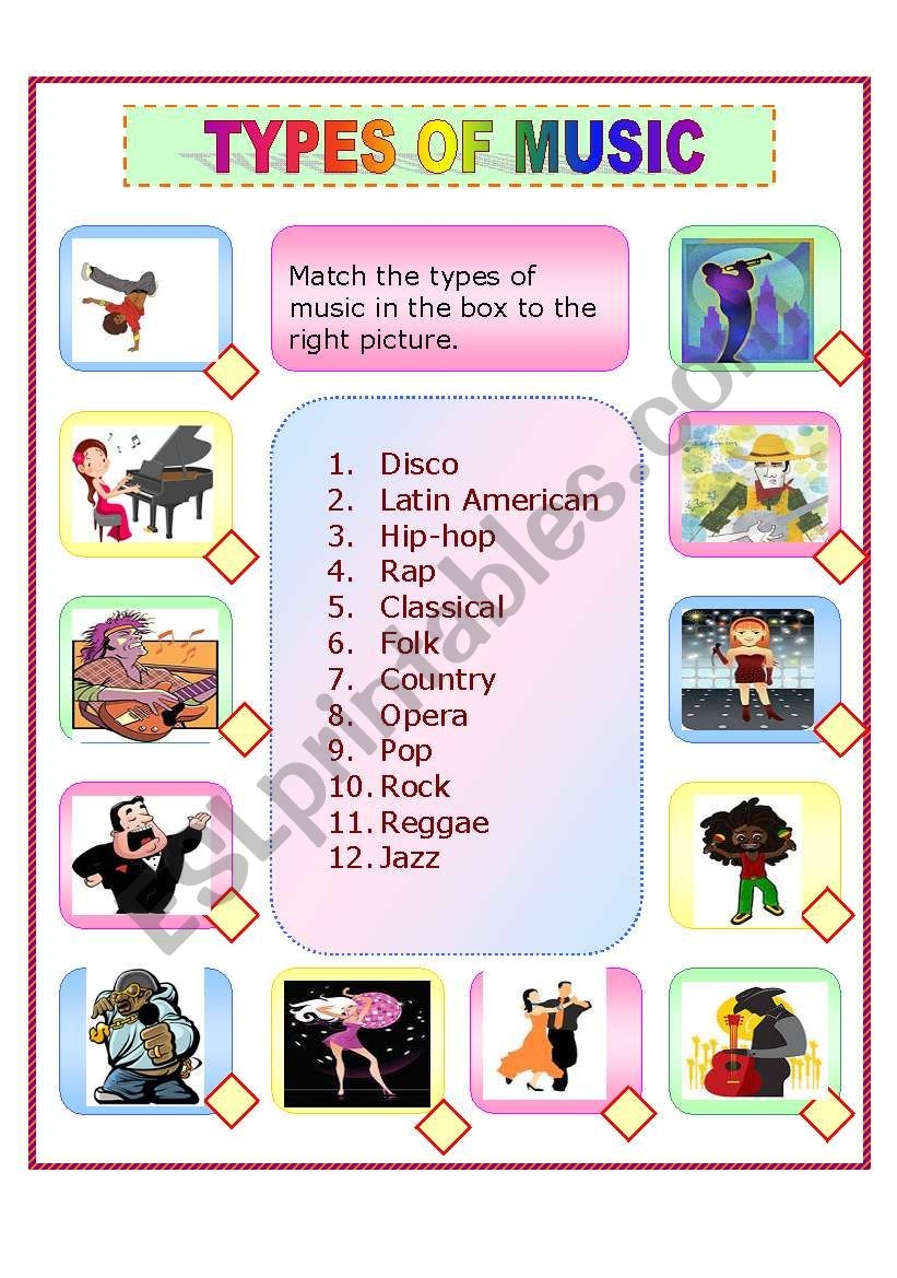 TYPES OF MUSIC ESL Worksheet By Ticas