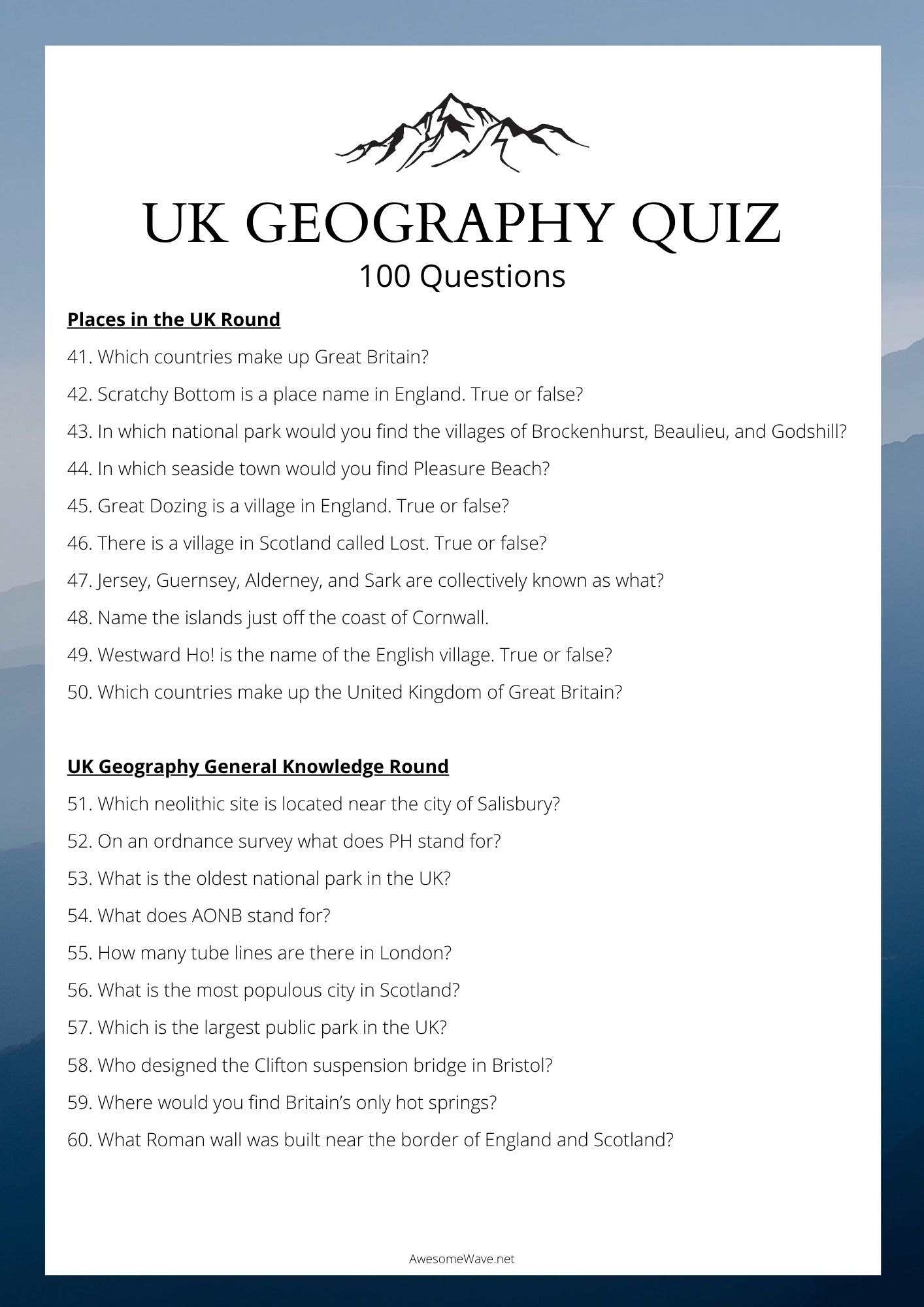 UK Geography Quiz 100 British Trivia Questions Inc Picture Quiz