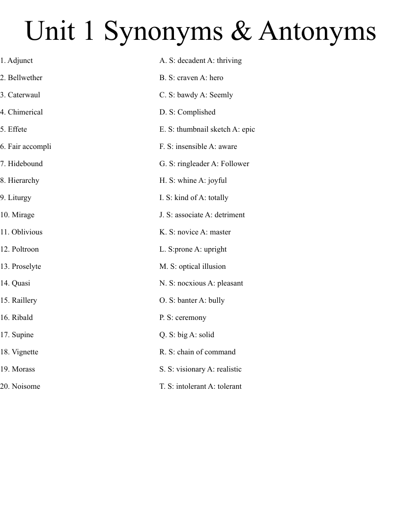 Unit 1 Synonyms U0026 Antonyms Worksheet WordMint