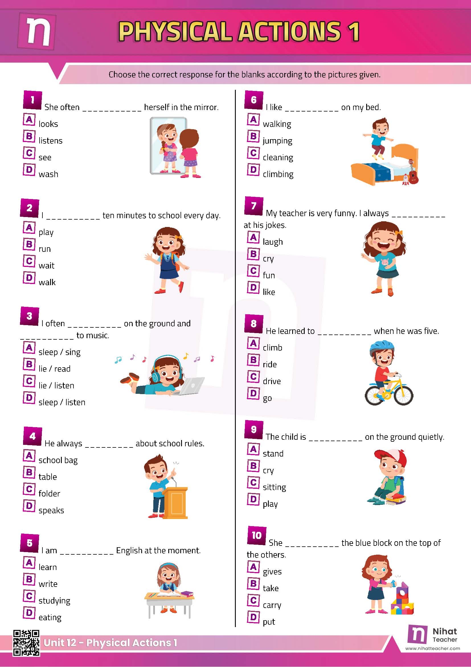 Unit 12 Physical Actions 1 Quiz Free English Learning And Teaching Resources Free PDF Worksheets And Multiple Choice Tests 