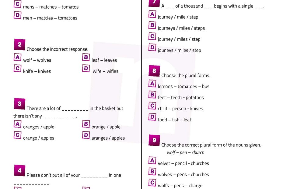 Unit 9 Singular Plural Nouns Quiz Free English Learning And Teaching Resources Free PDF Worksheets And Multiple Choice Tests