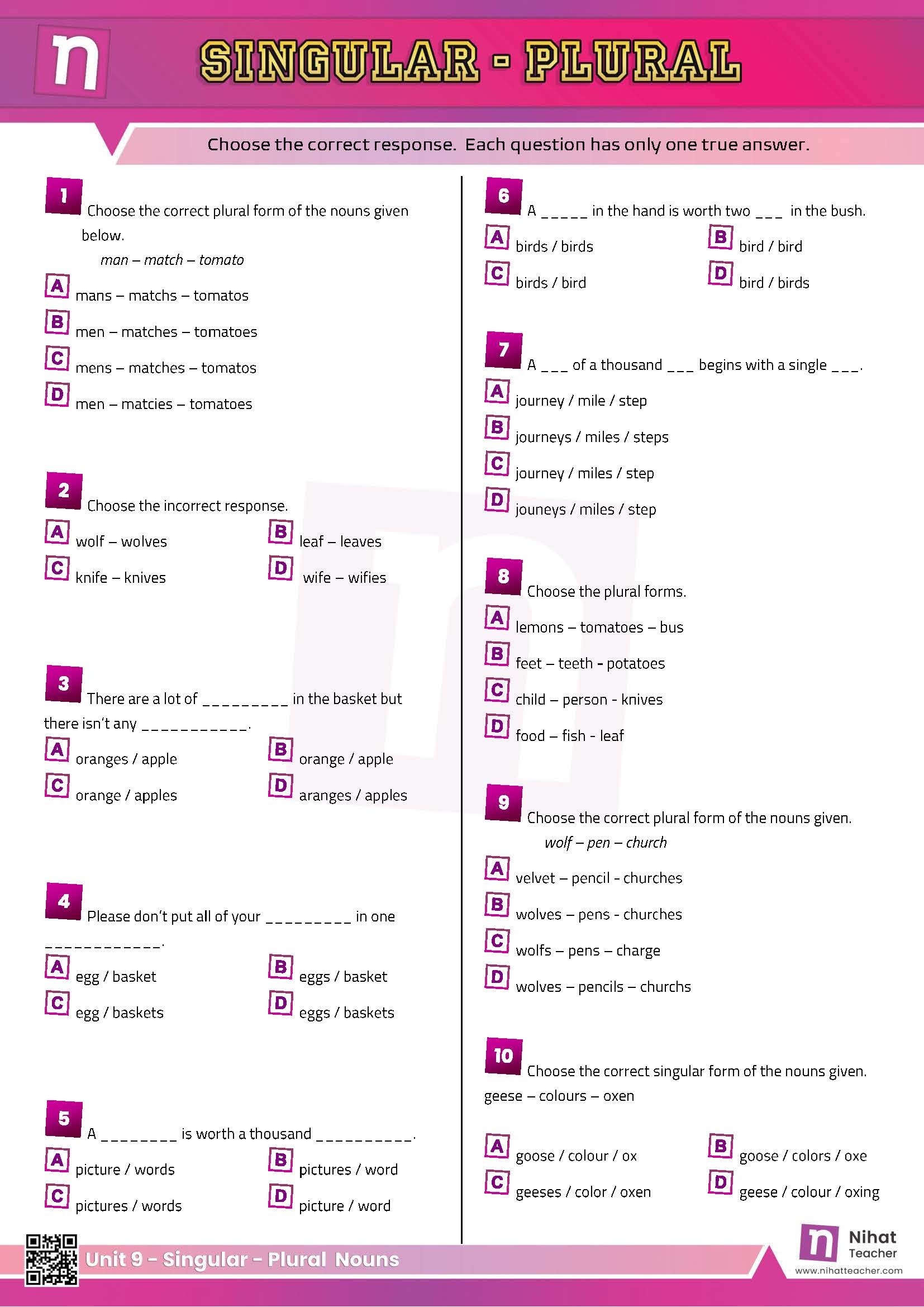 Unit 9 Singular Plural Nouns Quiz Free English Learning And Teaching Resources Free PDF Worksheets And Multiple Choice Tests 