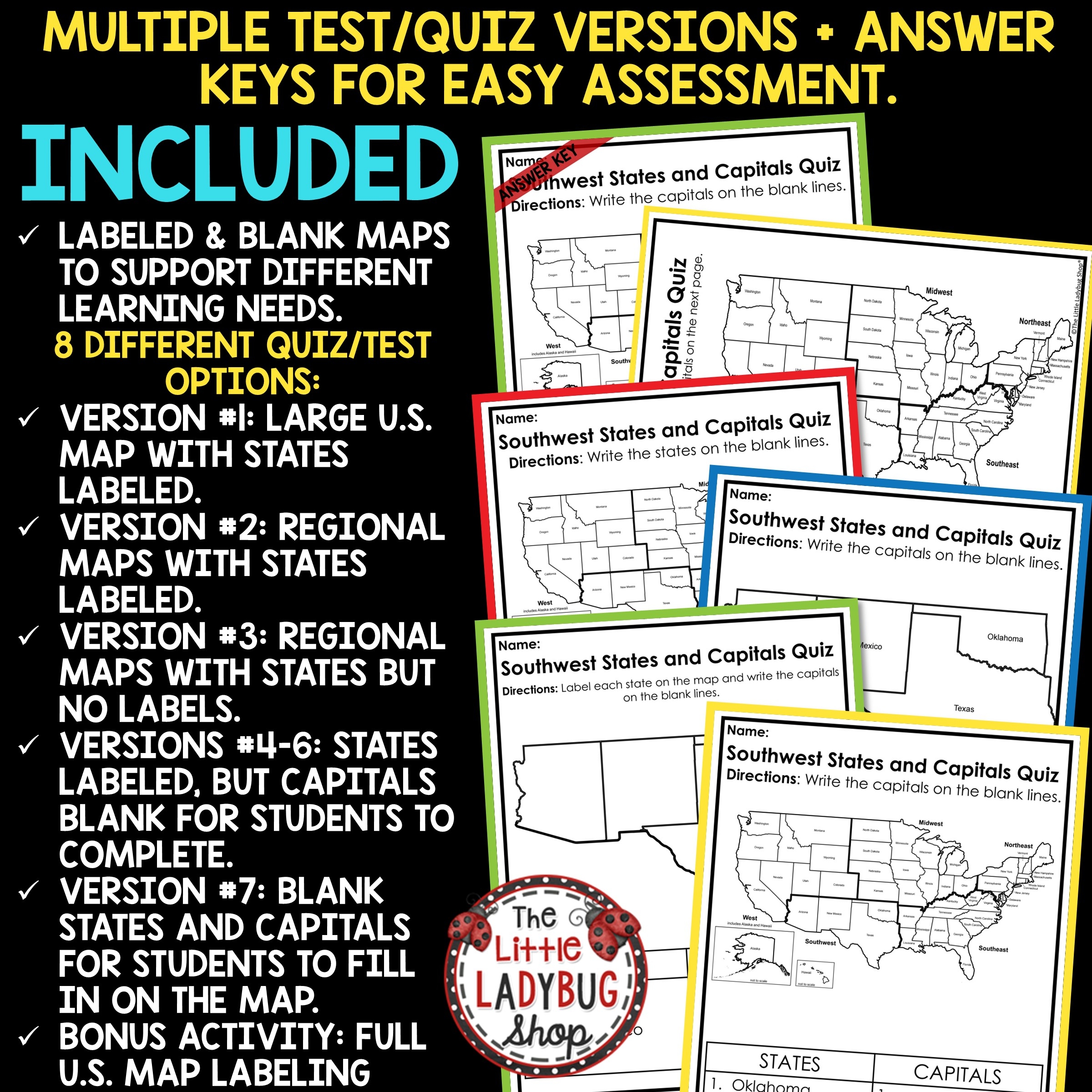 United States US 50 States And Capitals Quiz Test Worksheets The Little Ladybug Shop