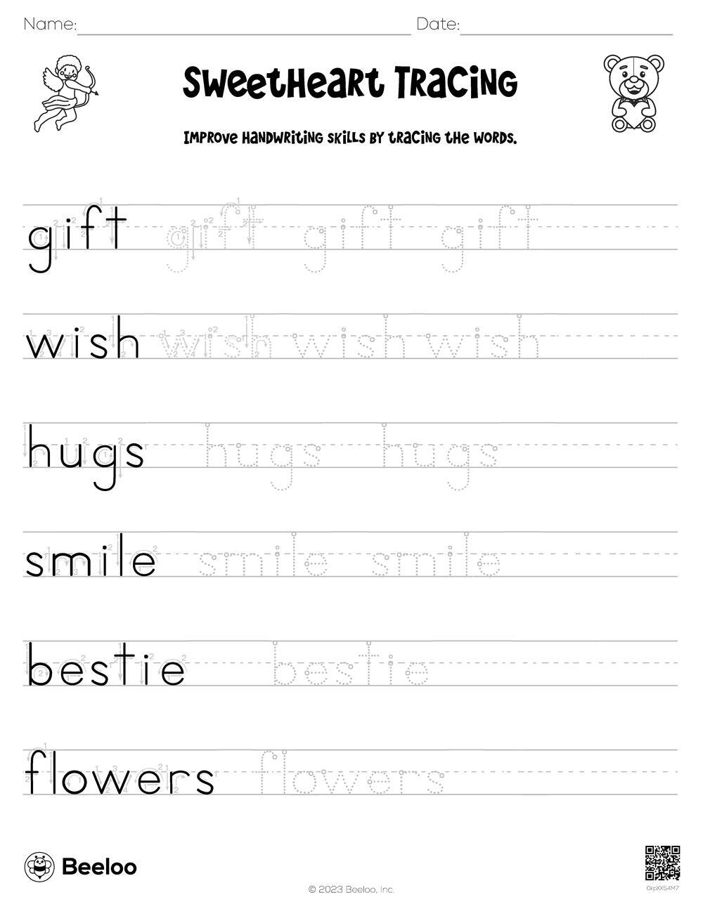 Valentine themed Word Tracing Worksheets Beeloo Printable Crafts And Activities For Kids