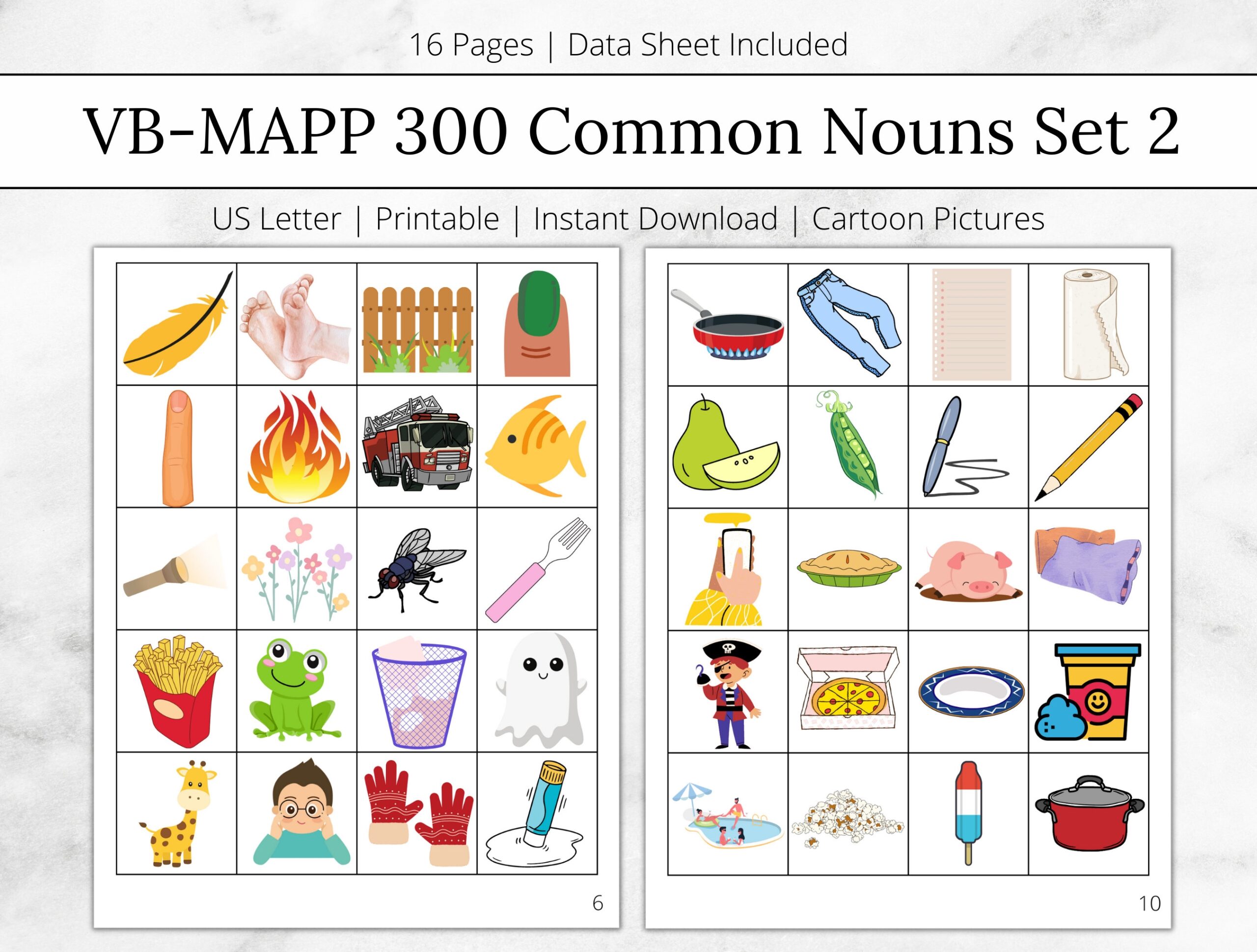 VBMAPP 300 Common Nouns Set 2 Cartoon Printable Flashcards ABA 