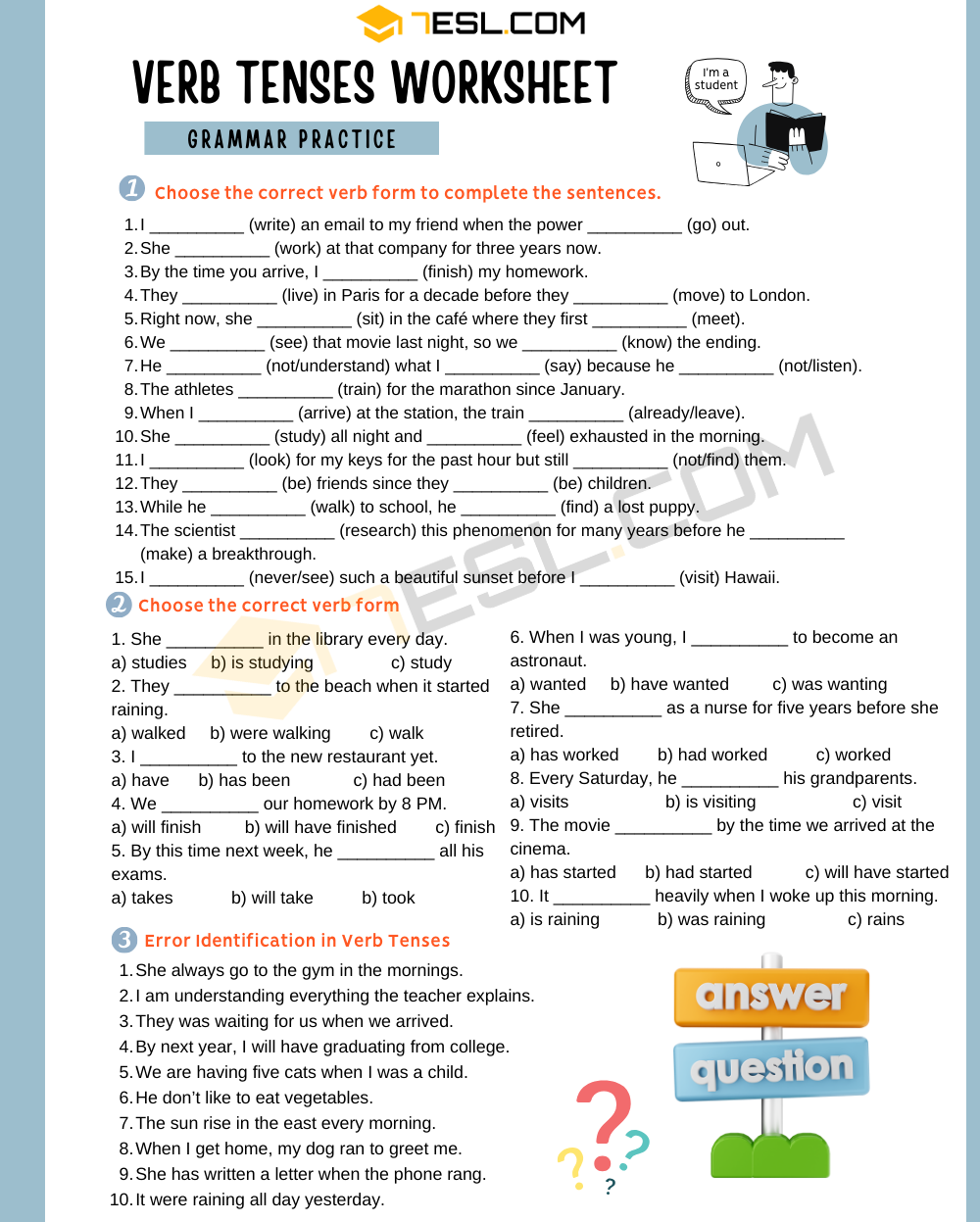 Verb Tenses Exercises Verb Tenses Worksheet 7ESL Worksheets 