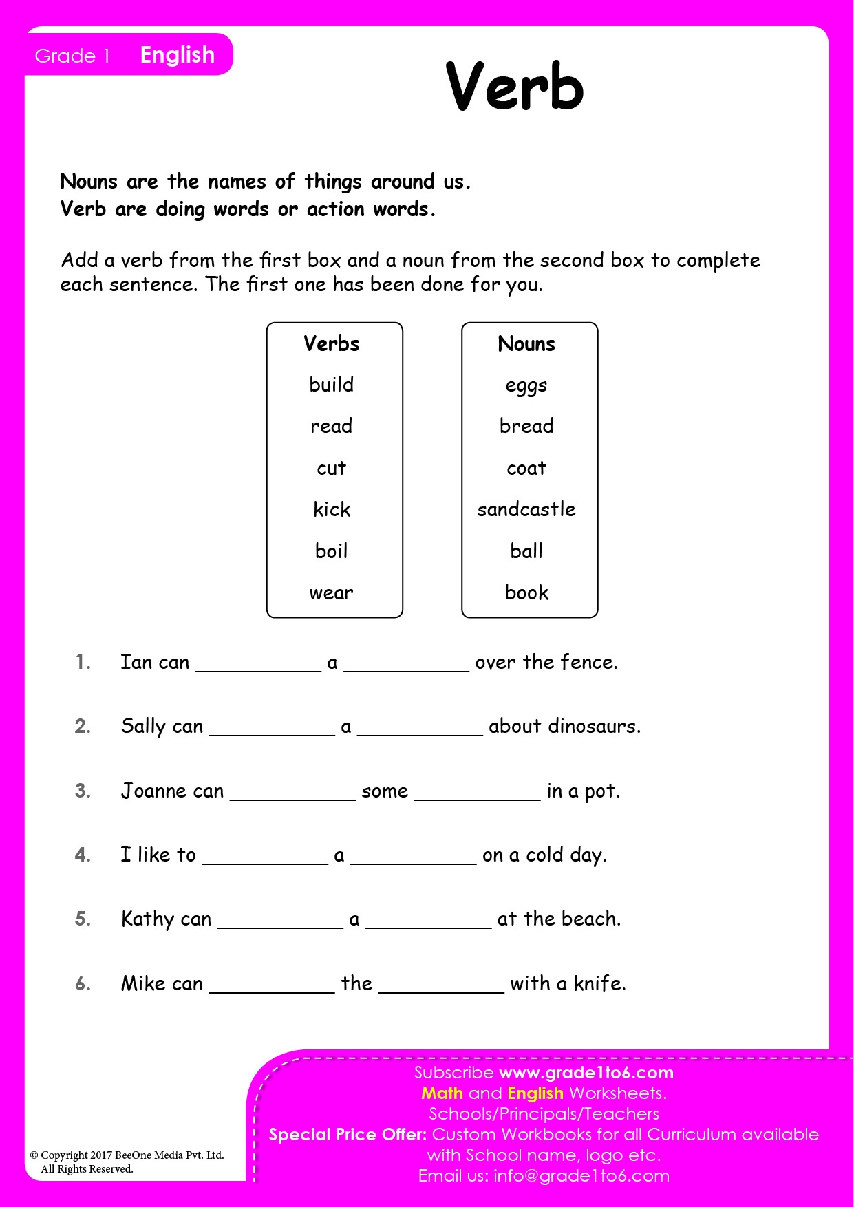 noun verb worksheet grade 1