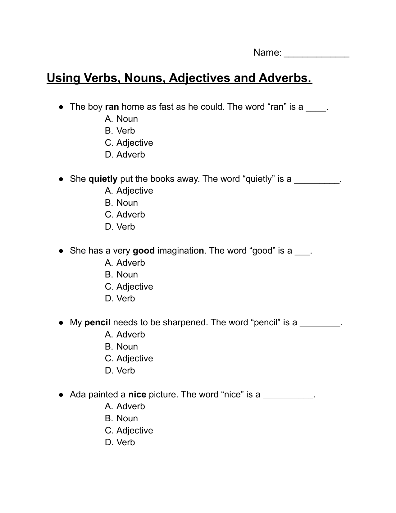Verbs Nouns Adjectives Adverbs Worksheet