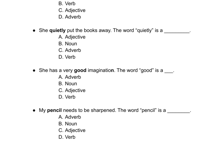 Verbs Nouns Adjectives Adverbs Worksheet