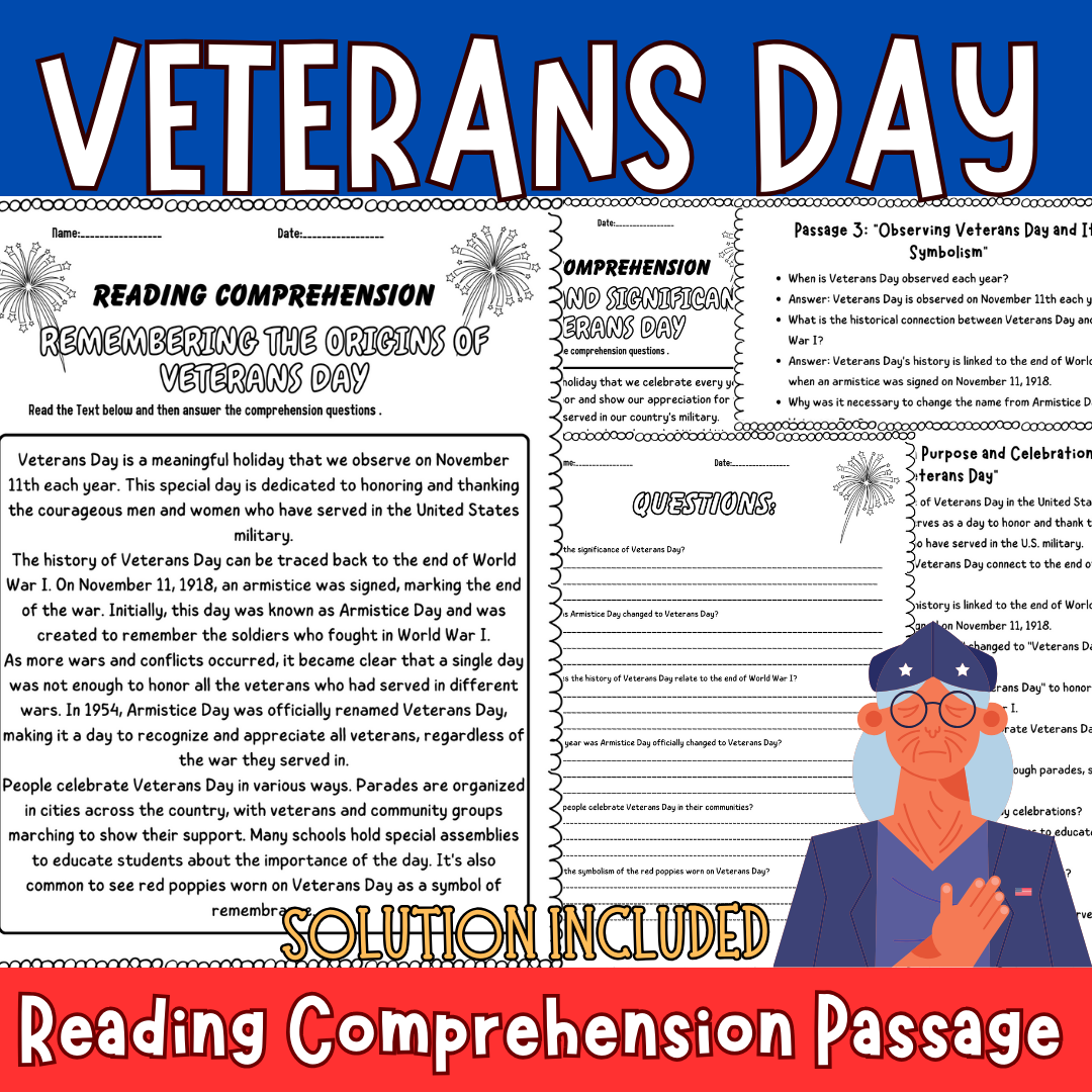 Veterans Day Reading Comprehension Passage And Questions With 