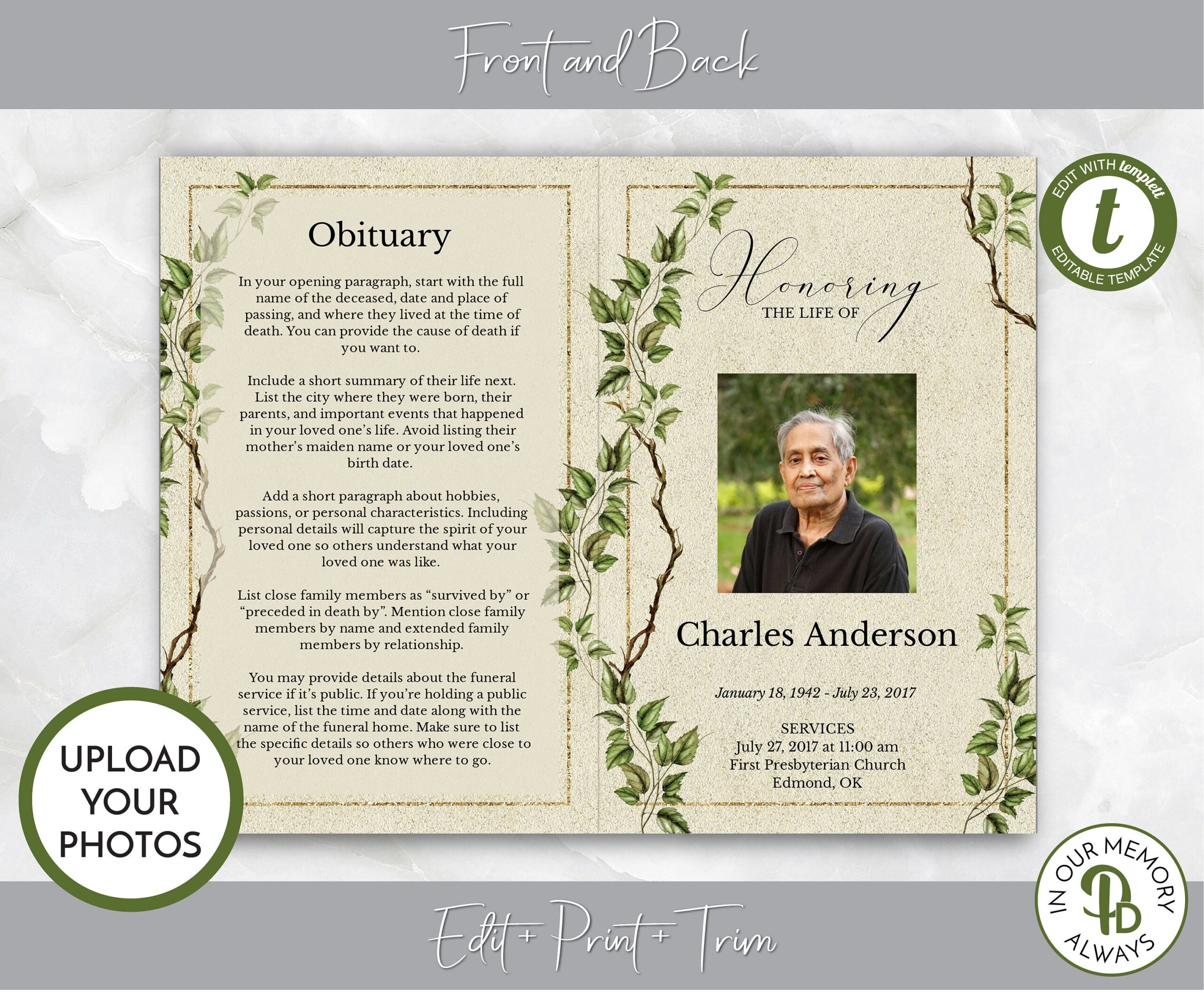 Vine And Twig Funeral Program Obituary Template Celebration Of 