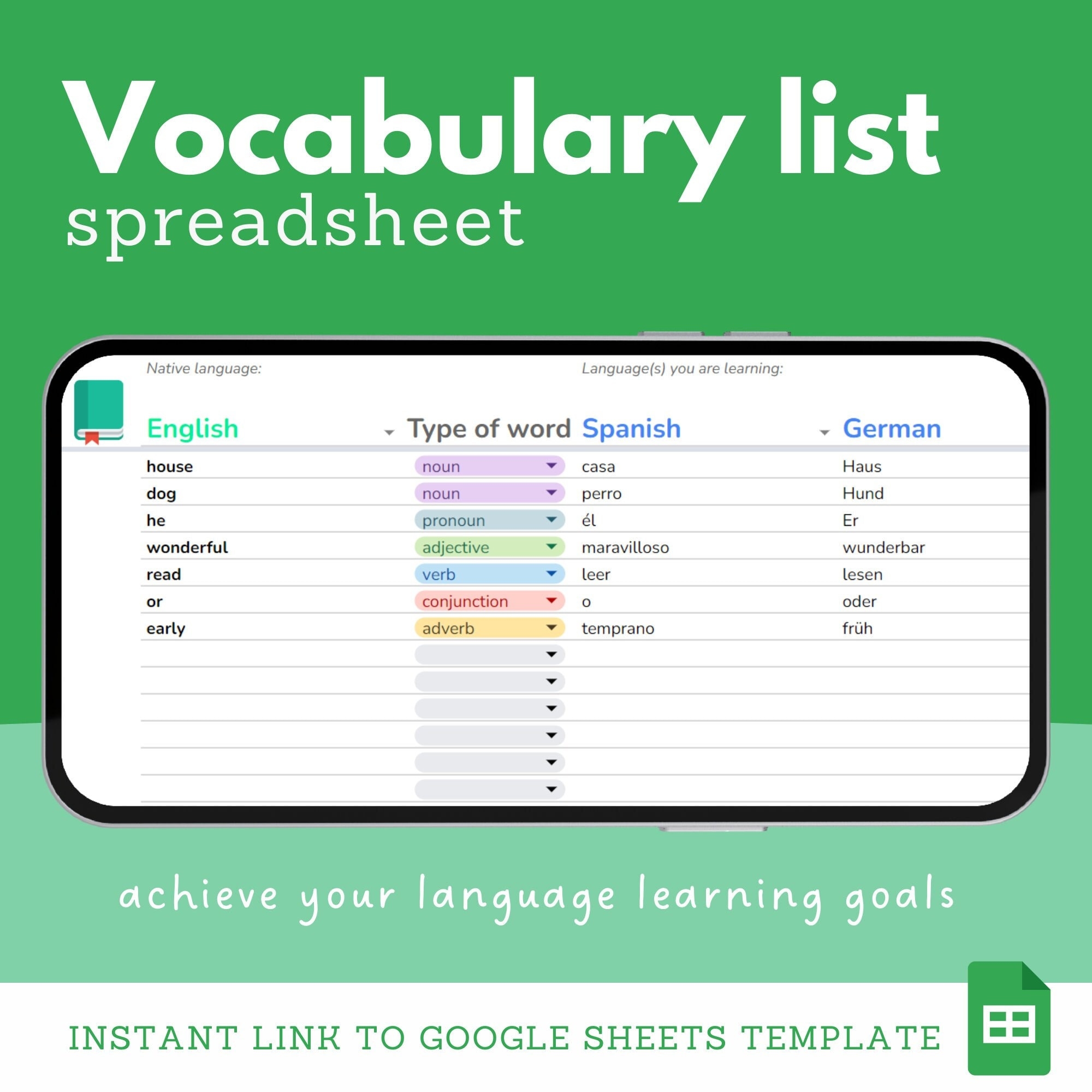 Vocabulary List Spreadsheet Template To Help You To Reach Your Language Learning Goals Language And Word Type Selector Etsy