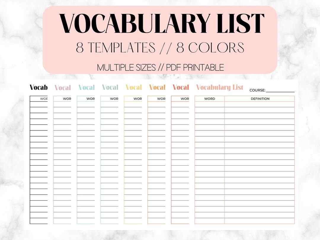 Vocabulary List Worksheet Vocabulary List Template Vocab List Vocabulary Log Study Guide Study Log language Study Log language Learning Etsy
