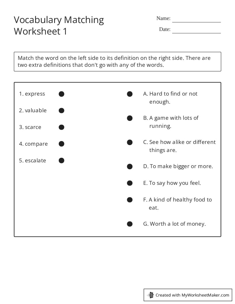 Vocabulary Matching Worksheet 1 My Worksheet Maker Create Your Own Worksheets