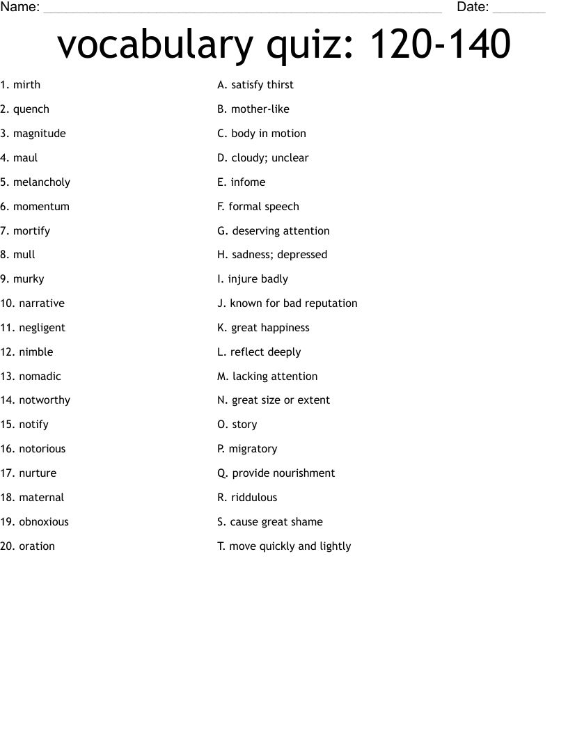 Vocabulary Quiz 120 140 Worksheet WordMint