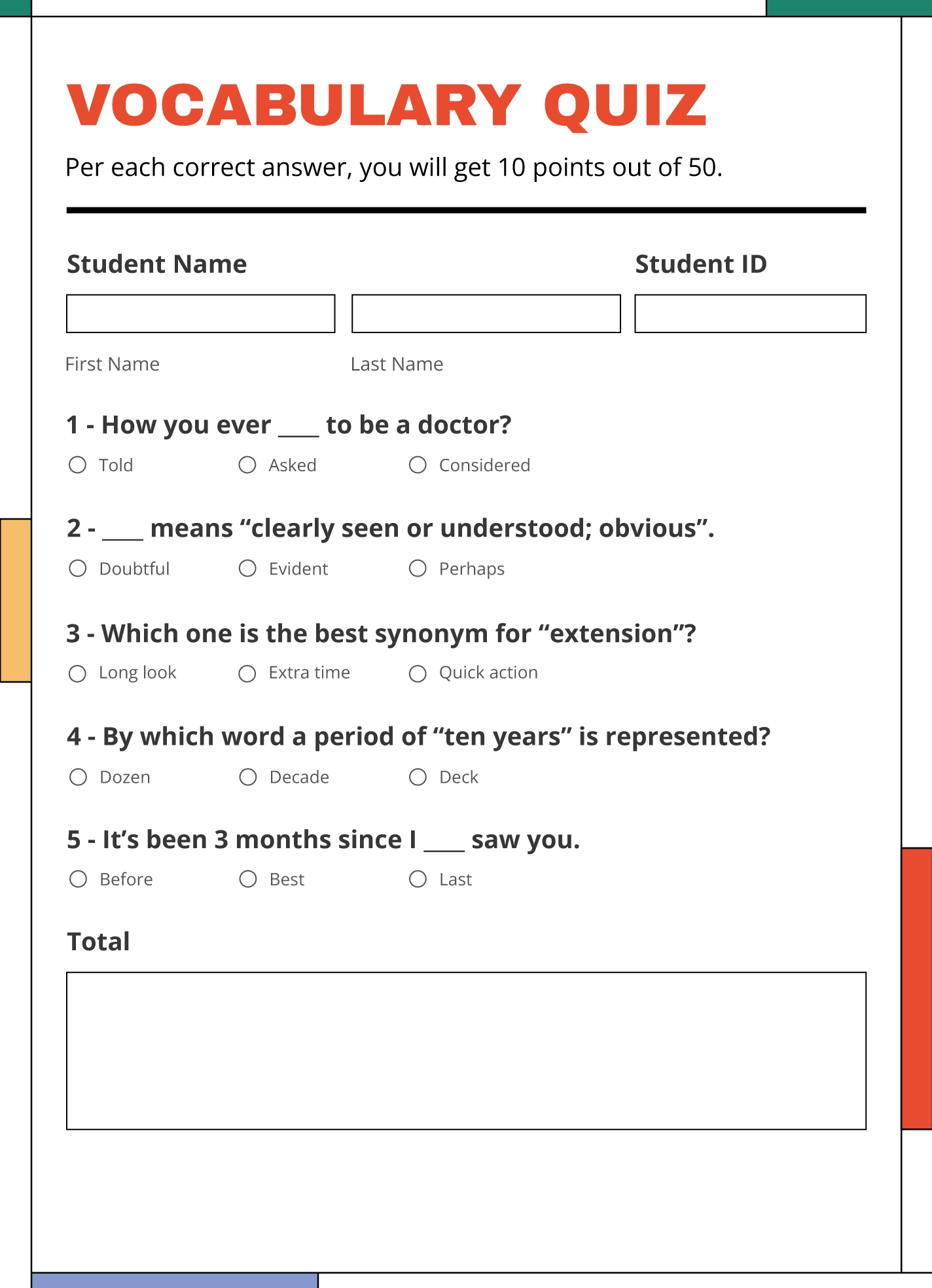 Vocabulary Quiz Free Google Docs Template Gdoc io