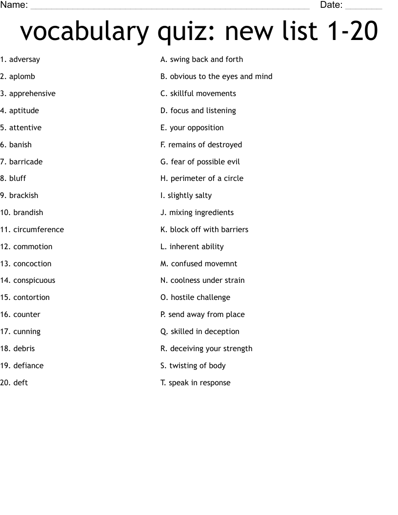 Vocabulary Quiz New List 1 20 Worksheet WordMint