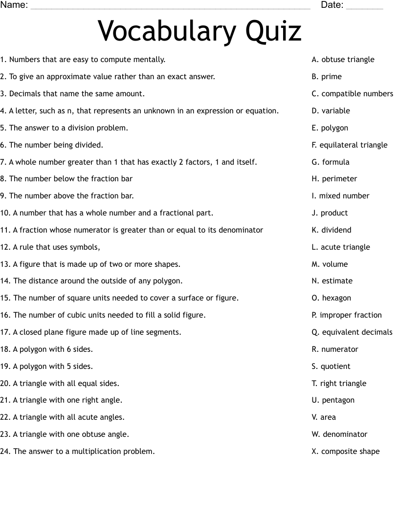 Vocabulary Quiz Worksheet WordMint