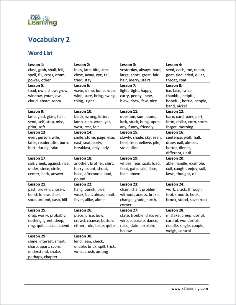 grade 2 vocabulary word list