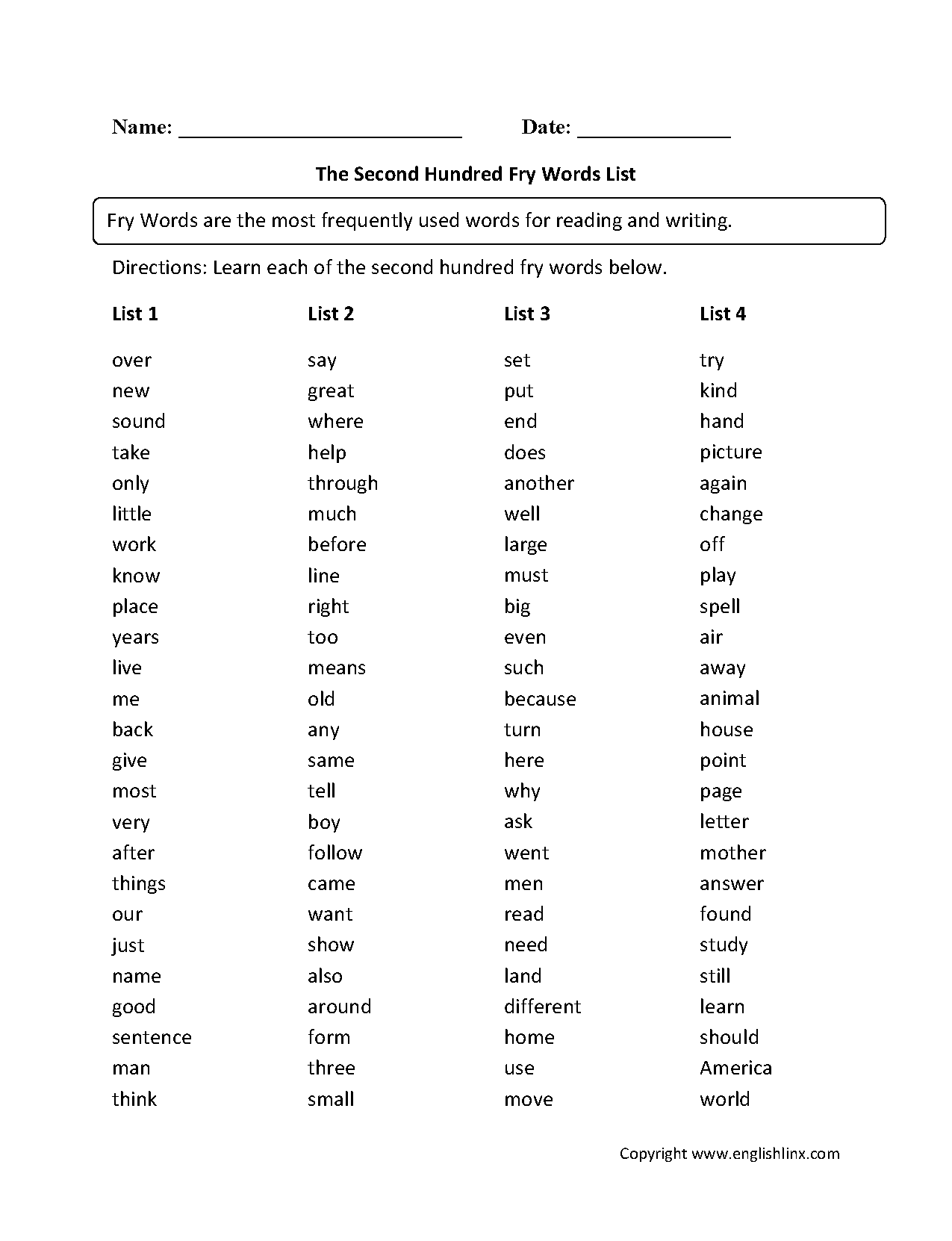 Vocabulary Worksheets Fry Words Worksheets