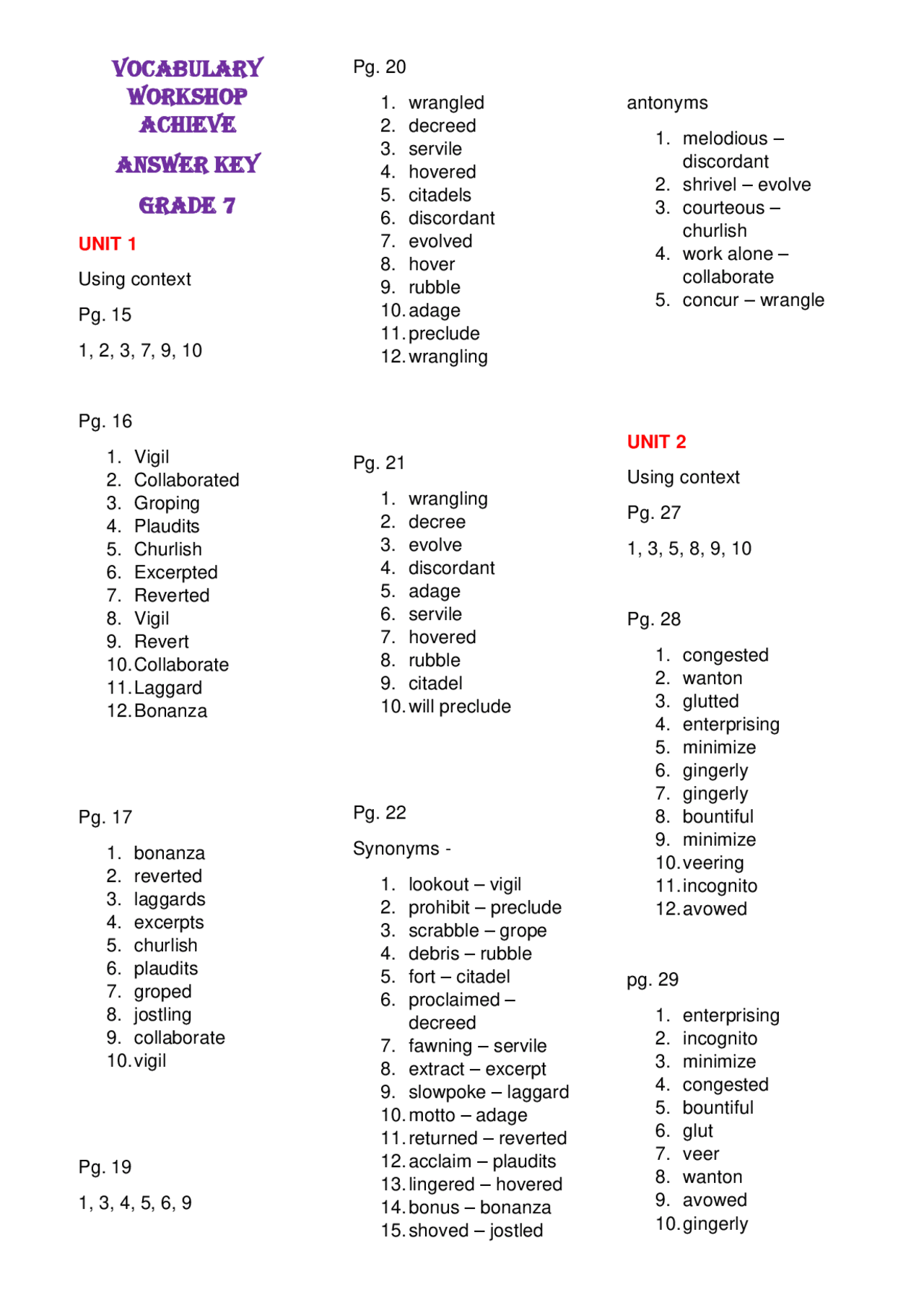 Vocabulary Workshop Achieve ANSWER KEY Grade 7 Schemes And Mind Maps English Language Docsity