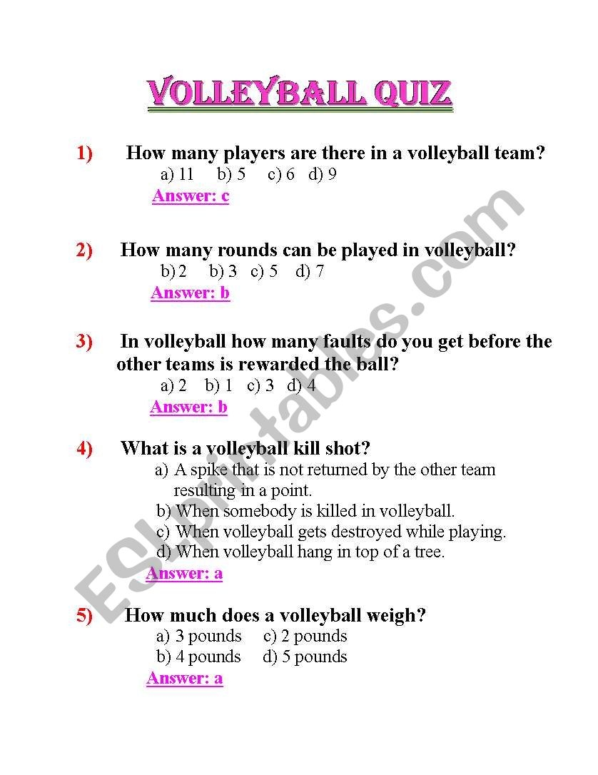 Volleyball Quiz ESL Worksheet By EktaGambhir1999