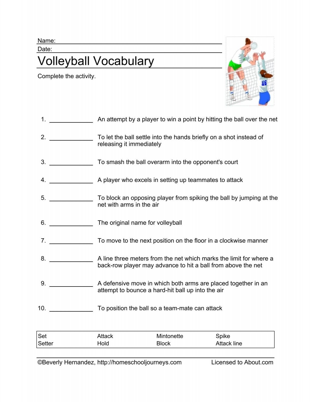 Volleyball Vocabulary Sheet Homeschooling About