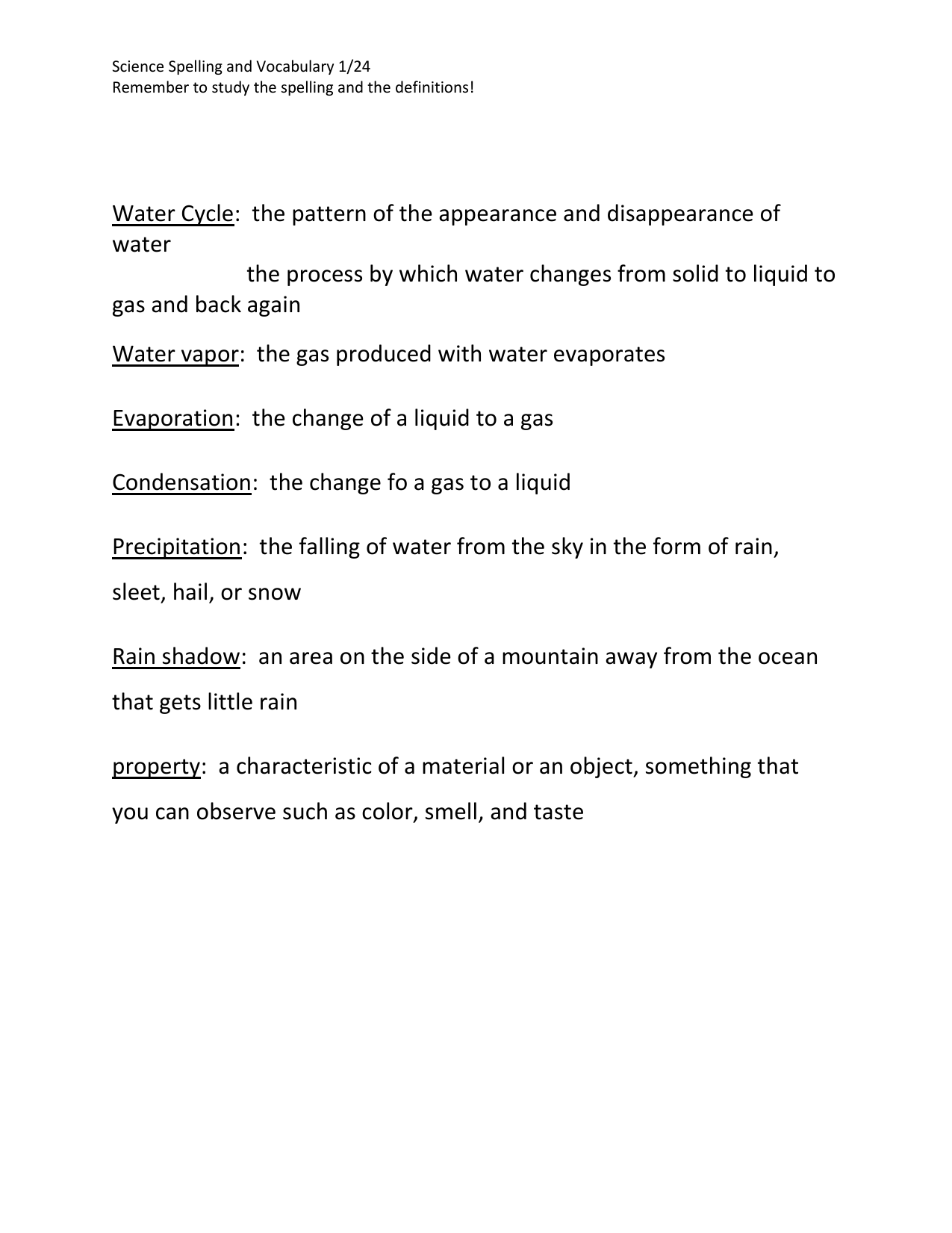 water cycle vocabulary 4th grade