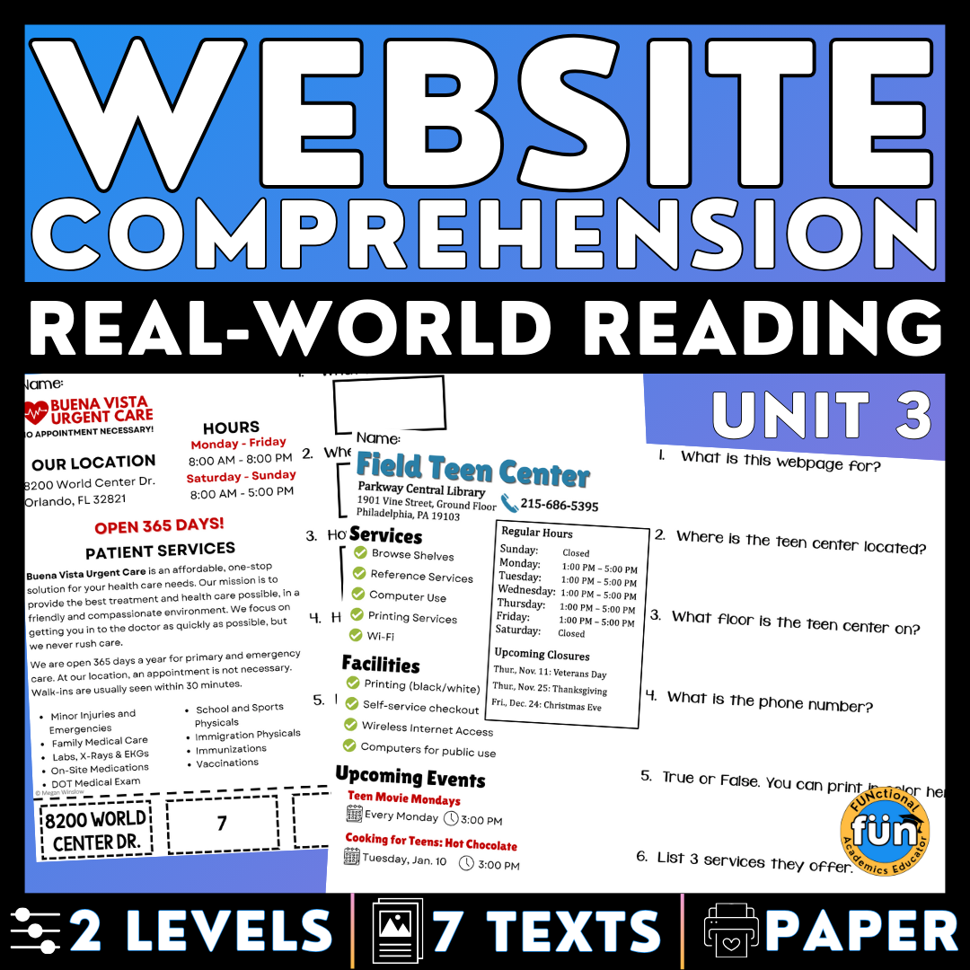 Website Comprehension 3 Real World Reading Worksheets 