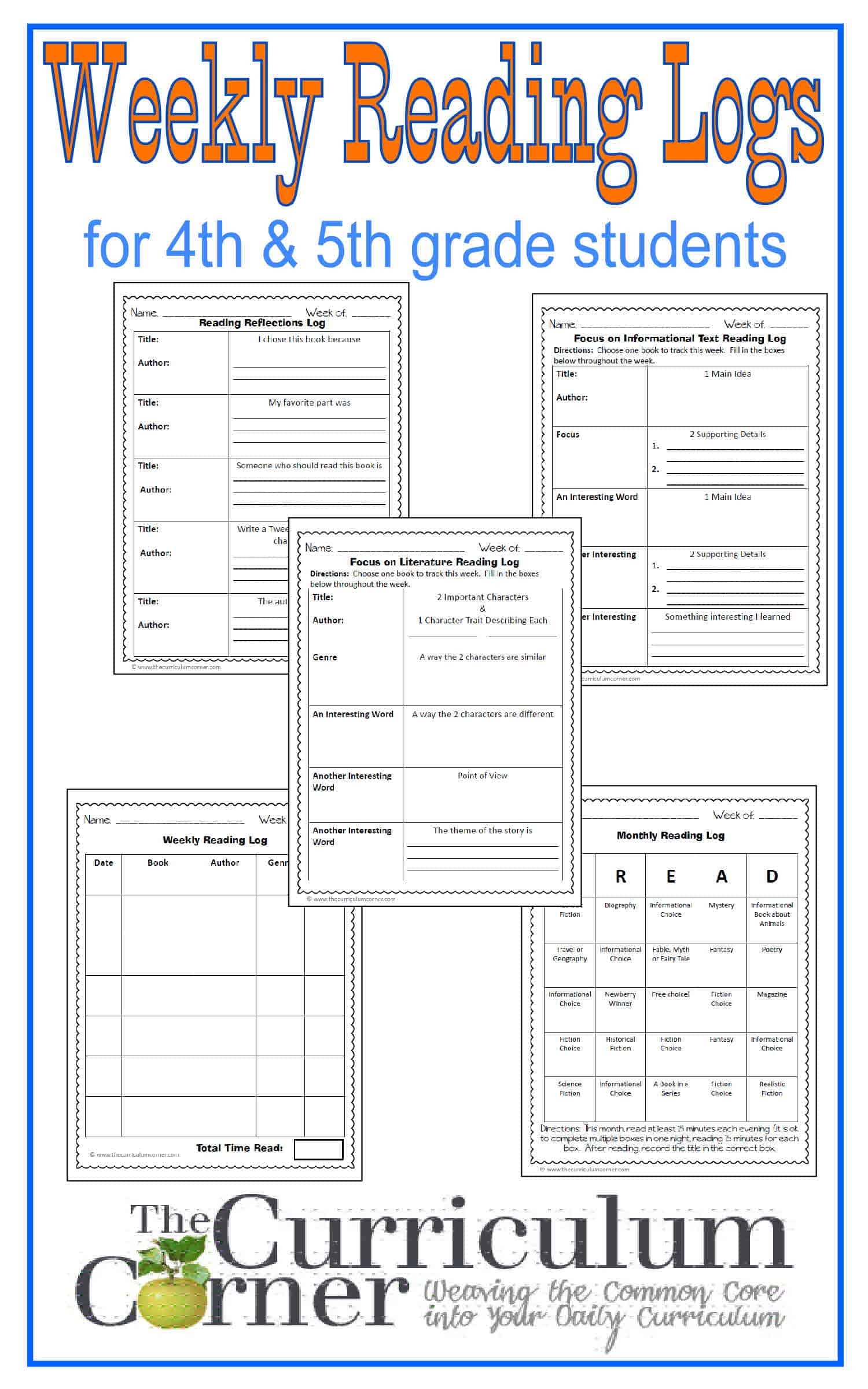 Weekly Reading Logs For 4th U0026 5th Grade Students FREE From The 