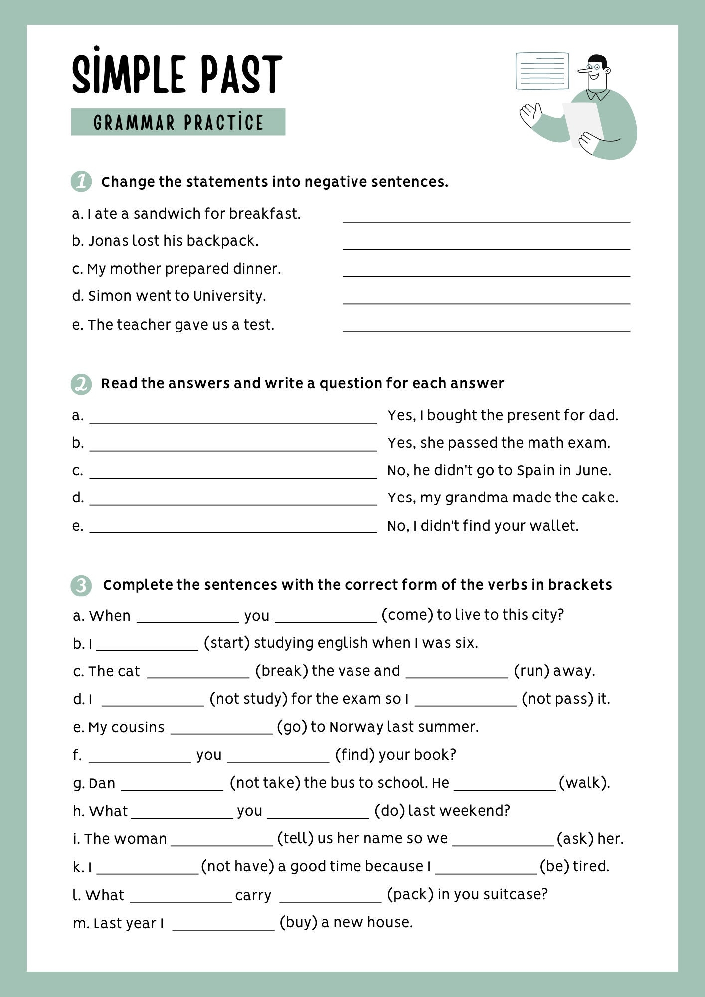 White Pastel Green Simple Past Grammar Practice Worksheet A4 10 Pages Etsy